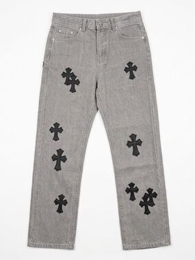 Gray chrome heart Jeans with Black Cross Appliqués